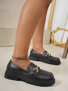 Women's Buckle Design Flat Loafers, Fashionable Black (Patterned Shoe Surface Is A Normal Phenomenon)