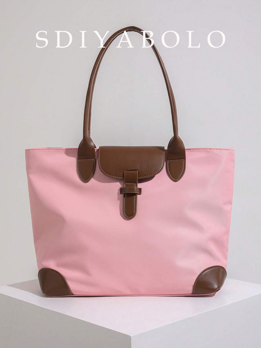 Bolsa Sacola de Lona de Nylon de Grande Capacidade Moda Feminina, Bolsa de Ombro Casual para Trabalho e Deslocamento