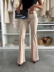 SuofeiMan بنطلون نسائي ذو لون واحد، منفذ كوري متعدد الاستخدامات، ذو خصر عالي وساق واسعة للاستخدام اليومي والذهاب إلى العمل، بخصر مطاطي وقطع واسعة - لون مشمشي - مشاهدة 1