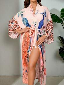 Plus Size Loose Retro Peacock Printed Long Cover Up, Beach Cover Up Kimono Style Swimsuit Outer Wear, Summer - Pink - View 7