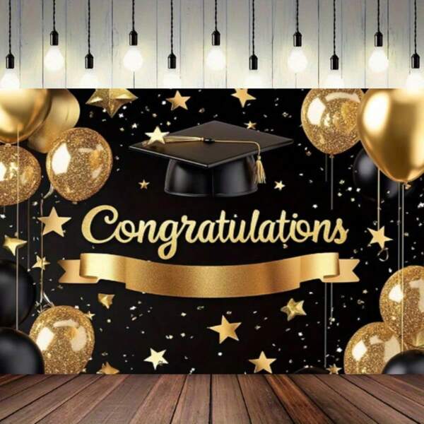 1 PC, Polyester Fiber Graduation Party Banner, Black And Gold Congratulatory Background Board, Multifunctional Room And Entrance Decoration, No Electricity Required, Suitable For All Seasons