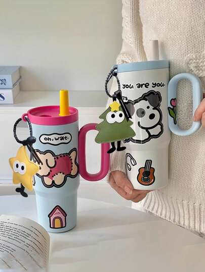 1pc Student Use Insulated Cup With Handle, 316 Stainless Steel Vacuum Insulated Cup With Straw, Large Capacity Insulated Cup For Campus And Car