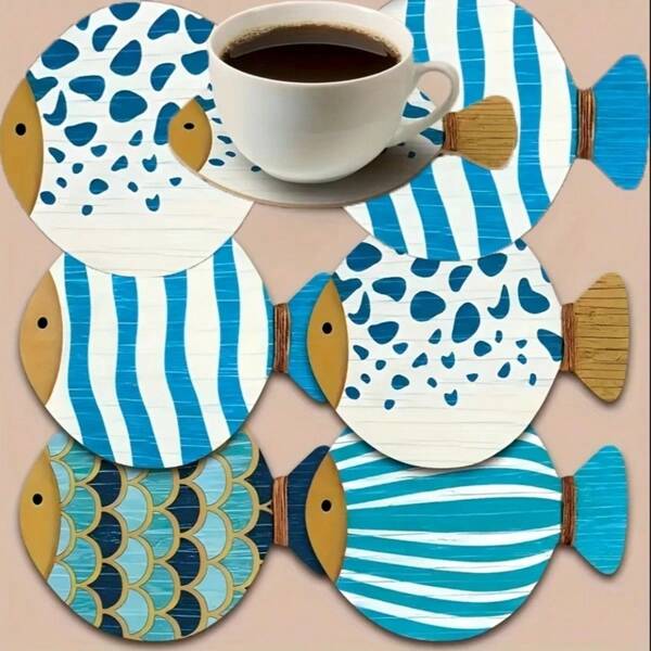 4pcs Fashionable Wooden Coasters - Blue Theme, Vibrant Nautical Stripes And Polka Dot Design, Heat-Resistant Wood Coasters, Suitable For Coffee And Tea Lovers, Home Bar Office Wall Art Decor, Beverage Coasters, Lively Design, Tabletop Protection, Artistic Home Decor, Structure, Bar Accessories, Gift For Shoppers