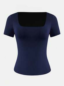 XLLAIS 女士基础款纯色方领短袖休闲弹力修身T恤 夏季 - 寶藍色 - 查看 6
