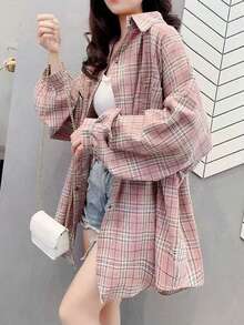 休闲宽松日常格纹贴布衬衫