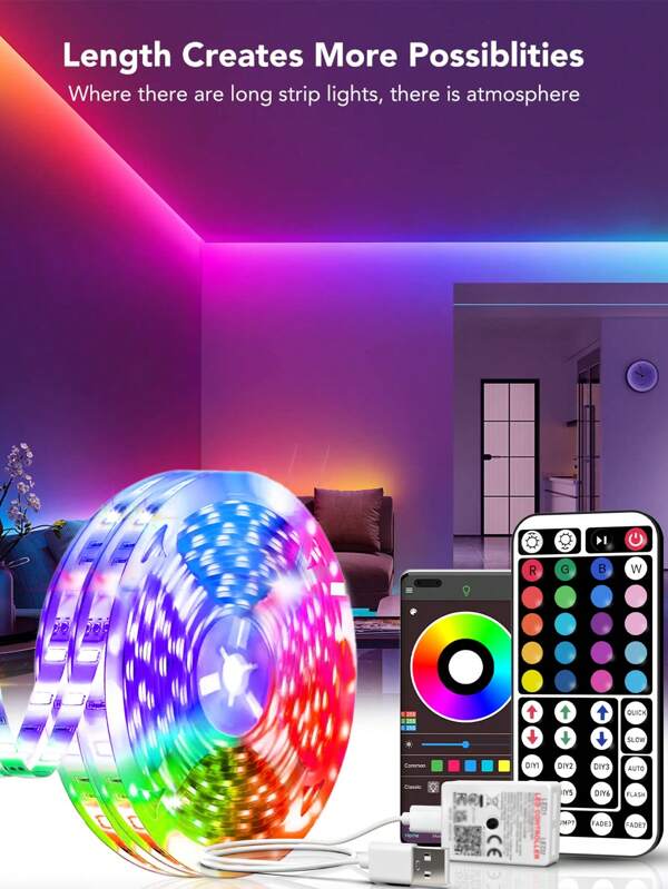 NBBUFF 100ft LED Lights For Hoom Decor (2 Rolls Of 50ft), With 44Keys IR Remote And App Control, Timing RGB Color Changing Music Sync Dimmable, LED Strip Lights For Bedroom, Holiday, Room Decor, Wall Decor, Easter Decor, Gifts