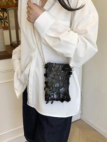 1 件绗缝封口 PVC 亮片小方包，时尚亮片零钱包手机袋，女士派对活动包，配有别致的链条肩带，多功能闪亮手拿包适合女性派对晚会使用 - 黑色 - 查看 3