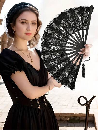 1 pezzo Ventaglio pieghevole vintage ricamato con pizzo e fiori - Elegante ventaglio a mano bianco e nero con nappe, stile tradizionale vintage, ideale per rinfrescarsi d'estate, uso quotidiano e come regalo per le donne o per la decorazione della casa