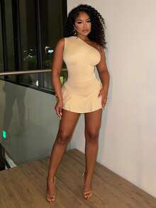 Alexandranx 不对称领口荷叶边修身女式连体裤 - 杏色 - 查看 2