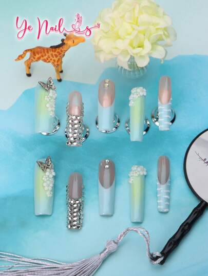 Get Romantic With 10pcs Long Square Shape Handmade Japanese Style Gradient Yellow Green Classic French Tips Cottagecore Full Coverage Nails Acrylic Press On Set Cool 3d Three-Dimensional Decoration Rhinestone Decor Sweet Heart Elegant Full Cover Fake Nails Set For Women And Girls Vanity With 1pc Mini Nail File & 1 Sheet Adhesive Tabs