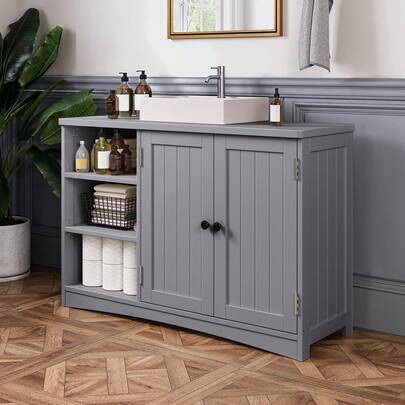 Asofer Mobile lavabo da bagno con 2 ante, 5 scomparti e ripiano regolabile in altezza in 3 posizioni, chiusura magnetica, ampio spazio di stivaggio, idrorepellente