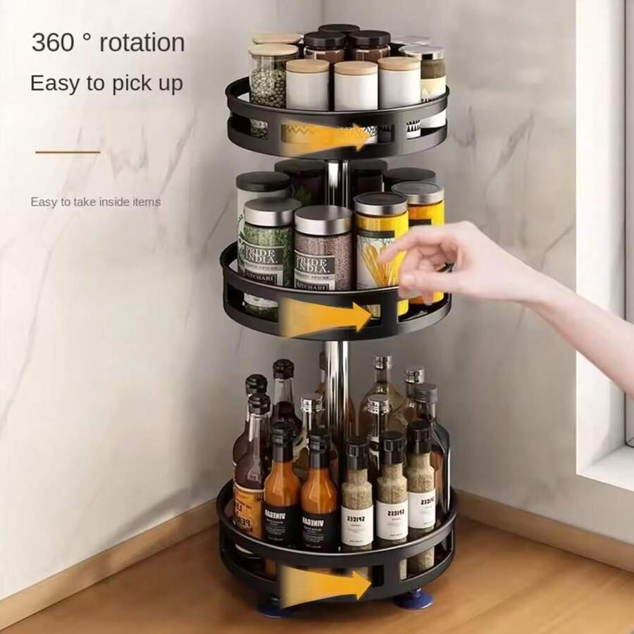 3 TIER 360° ROTATING SPICE RACK ORGANIZER METAL KITCHEN SEASONING JARS SHELF UK