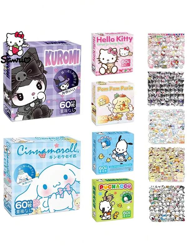 Sanrio 60 Piezas de Pegatinas de Anime, Accesorios de Sanrio, Artículos de Hello Kitty Y2K, Pegatinas de Kuromi, Pegatinas impermeables de Cinnamoroll Pochacco, Juguetes para Niños, Hermosos Útiles Escolares, Adecuados como Regalo para la Temporada de Regreso a Clases