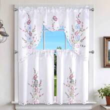 3pcs Spring Floral Curtain Set - Embroidered Butterfly Curtain Set, Handcrafted Cutwork Design, Light-Filtering Polyester Satin Rod Pocket Curtain Set For Kitchen, Living Room, Bedroom, Bathroom - With Butterfly Accents For Wedding Party,Outdoor Decor