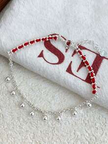 1 件休闲百搭 S925 纯银红绳圆珠手链，女士编织绳手链，女士日常运动度假装 - 銀色 - 查看 8