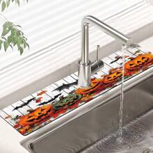 1pc Halloween Themed Faucet Mat - Ghost And Pumpkin Pattern, Absorbent Polyester Drain Mat, Suitable For Kitchen And Bathroom Sink, Waterproof Slip-Resistant Surface Protection