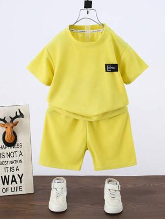 2pcs/Set Summer Kids Short Sleeve Outfit, Boys Girls Thin T-Shirt & Shorts Set, Baby Yellow Casual Sports Suit, Toddler & Little Child