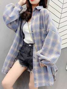 格纹印花纽扣前开襟宽松长袖衬衫，随机拼接