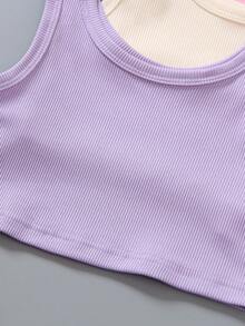 3pcs/Set Young Girls Solid Color Casual Crew Neck Sleeveless Tank Top Bowknot Decorated Shorts Summer Outfit - Multicolor - View 4