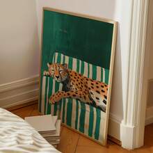 1 pieza Póster de lienzo con marco de madera, arte de pared imprimible, pintura minimalista de un leopardo tomando café, decoración de café de dopamina, decoración de cocina colorida y de moda, póster de amanecer vívido - Multicolor - Ver 6