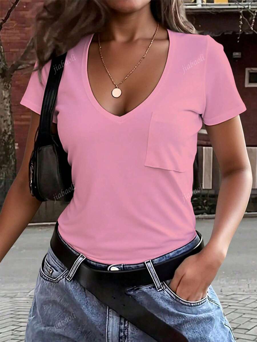 Scopa a T con collo a V in tinta unita per donna, scollo a scollatura corta con scollino in colore unito, alla moda per l'estate