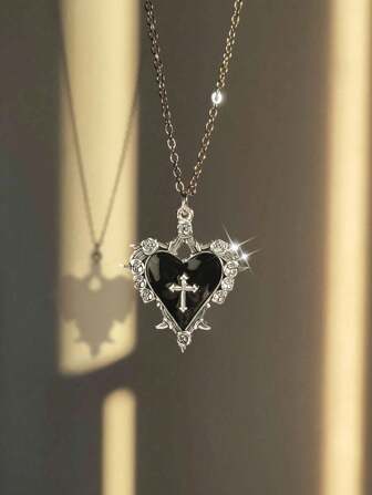 Vintage Gothic Style Cross & Rose Pendant Necklace, Dark Goth Y2K Aesthetic Jewelry For Women