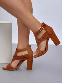 Elegant Women High Heels Sandals Peep Toe Hollow Summer Classic Comfortable Dress Shoes - 棕色 - 查看 4
