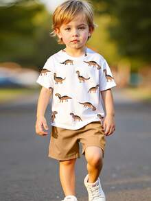 2pcs/Set Toddler Boys' Summer Dinosaur Print Round Neck Short Sleeve T-Shirt And Casual Shorts Set