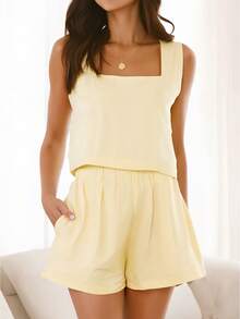 2pcs Women Summer Set, Solid Cream Color Square Neck Casual Tank Top + Elastic Waist Side Pocket Wide Leg Pants, Woven Fabric, Suitable For Home, Daily, Beach, Vacation, Casual Wear