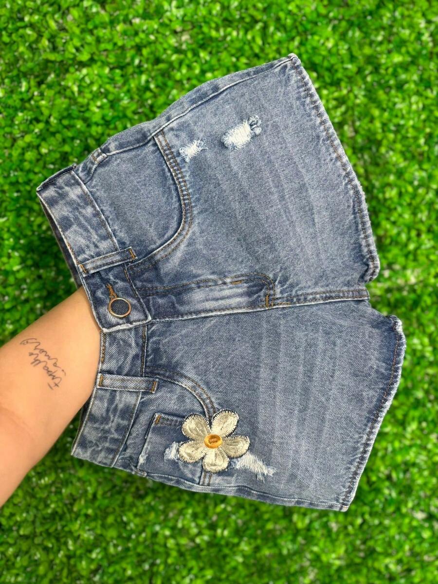 Women's MOM Jean Shorts With Embroidered Flower Detail, High Waist And Marbled Wash | No Elastane - 大理石紋 - 查看 1