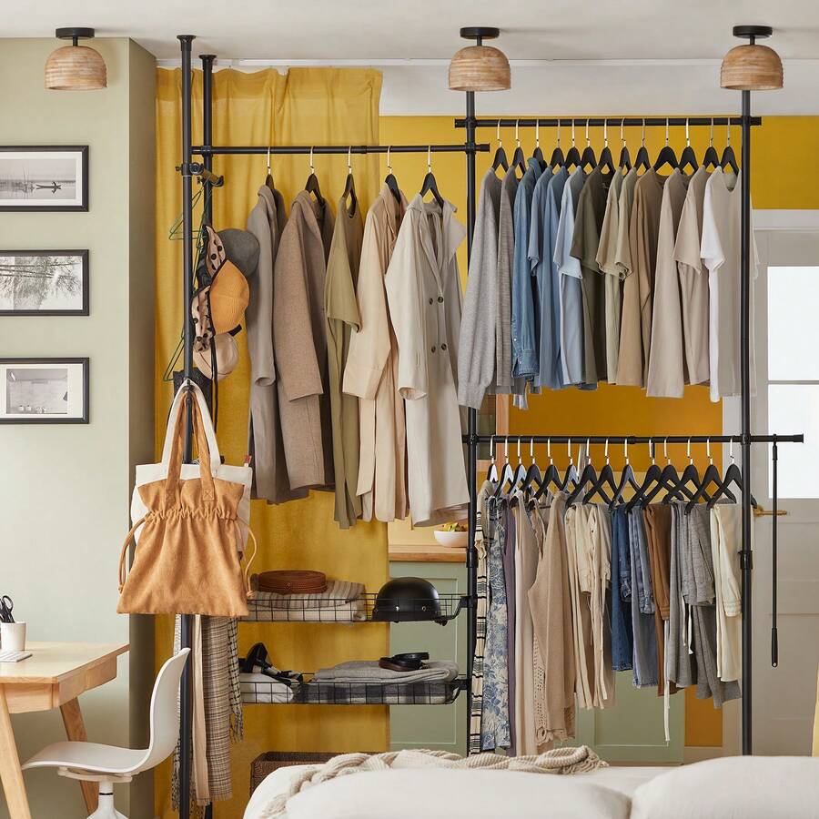 SoBuy Telescopic Rod Clothes Rack With 5 Clothes Rails And 2 Baskets Telescopic Wardrobe System Adjustable Shelving System W (209-311) X H (200-285) Cm White KLS04 - Black - View 1
