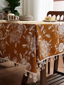 1pc American Country Nordic Style Hydrangea & Peony Embroidered Tassel Tablecloth, Suitable For Coffee Table, Dining Table - Yellowish White - View 8