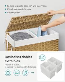SONGMICS Cesto de la Ropa, 130 L, Cesto de Lavandería, Tejido a Mano, con Compartimentos Separados, con Tapa y Asas, Ratán Sintético, Plegable, Bolsa de Forro Extraíble, Natural - Amarillo cálido de otoño - Ver 3
