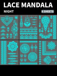 6 Sheets Blue Luminous Tattoo Stickers For Girls, White Lace Lotus Tattoos Mandala Flower Fake Jewelry Pendant Pattern, Glow In The Dark Waterproof Fake Tattoos For Arm Neck Hand Back Finger, Wedding Music Festival Party Supplies