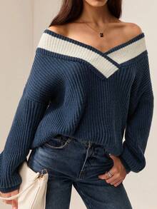 2025 Nouveau pull ample décontracté rétro à col V manches longues pour femmes, blocs de couleurs, adapté pour l'automne/hiver, Halloween, Noël, Fête nationale saoudienne, Nouvel An, Remise des diplômes, Soirée élégante - Bleu marine - Voir 8