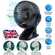 NetHong Clip On Desk Fan Portable USB Rechargeable 3 Speeds Mini Cooling Fan Table Fan Summer - Black - View 6