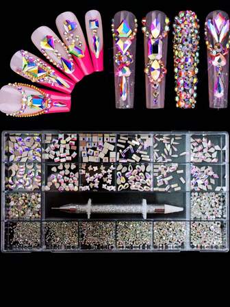 21 Grids Nail Rhinestones Kit, Nail Art Decorations Flat AB Rhinestones Kit DIY Crafts Gemstones For Nail, Shoes, Clothes, Jewels Holiday-Ready Nail Art Decor - Press-On Nail Accessories For DIY Home Manicures