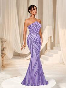 ​Strapless Sequin Mermaid Gown With Back-Tie Detail: Women's Formal Evening Dress For Grand Galas, Red Carpet Events, Luxury Weddings