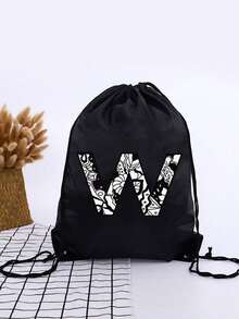1pc A-Z Graffiti Letter Unisex Kids Outdoor Backpack, Drawstring Closure Bags, Large Capacity Sports Rucksack, Cute Cartoon Letter Print Sports Bag - Black - View 25
