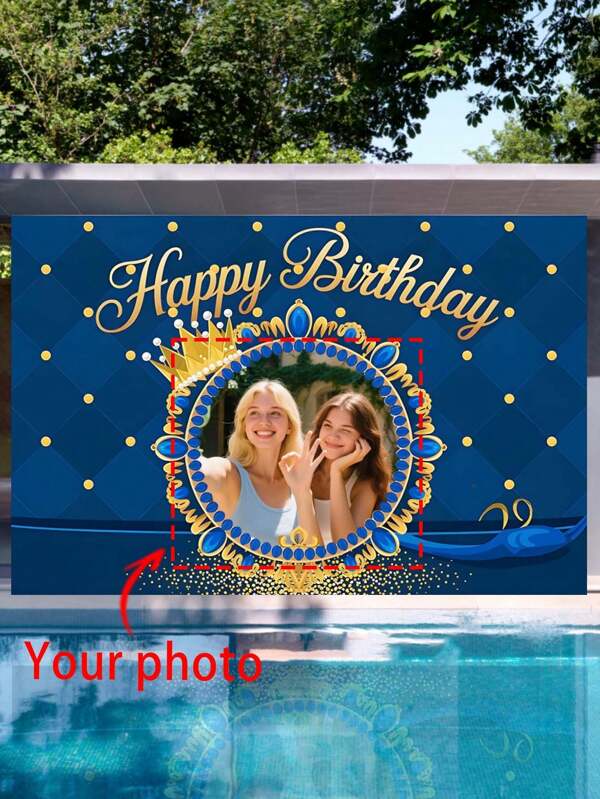 1pc Customizable Birthday Backdrop - Elegant Blue & Golden Crown Design With "Happy Birthday" Text, Polyester Material, 6 Size Options, No Power Needed, Suitable For Indoor Birthday Celebration & Decoration