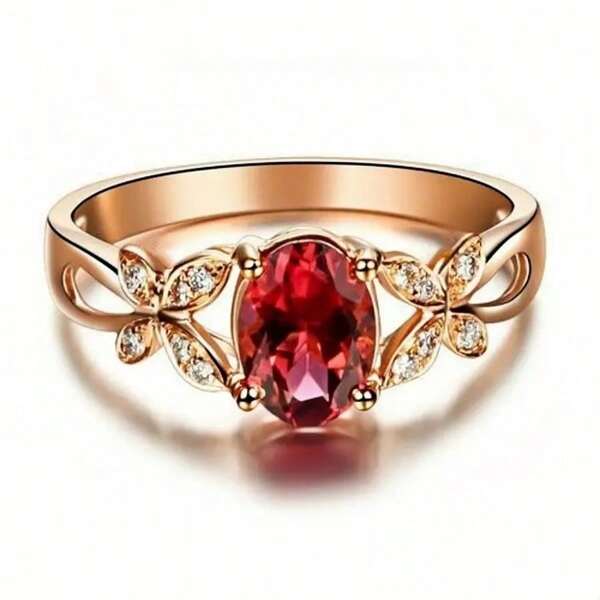 Eleganter 14 Karat vergoldeter ovaler roter kubischer Zirkonia Verlobungsring - Luxuriöses Braut- und Partyaccessoire, hochwertiges Schmuckgeschenk für den Geliebten, geeignet für Hochzeiten und besondere Anlässe