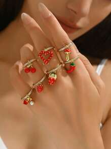 1 pieza Anillo abierto con colgante de frutas multiefecto de cobre con circonita cúbica, anillo sencillo de mujer, versátil para uso diario, trayecto, casual, regalo de vacaciones