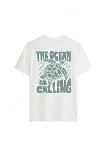 Camiseta de mujer de cuello redondo con estampado de criaturas marinas y letras para vacaciones de verano, camiseta gráfica, blanco, negro, rosa - Blanco - Ver 2