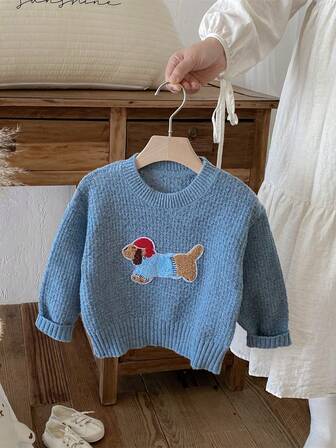 1 件男童/婴儿/幼儿卡通狗印花蓝色毛衣，针织休闲舒适长袖套头衫，适合秋冬季