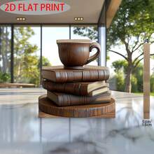 1 件复古木制书籍和咖啡杯装饰 - 2D 印刷艺术装饰品，适合家庭和书房，经典风格，是书籍爱好者和咖啡爱好者的理想礼物（18.03 厘米 X 20.07 厘米），咖啡桌装饰 - 彩色 - 查看 5