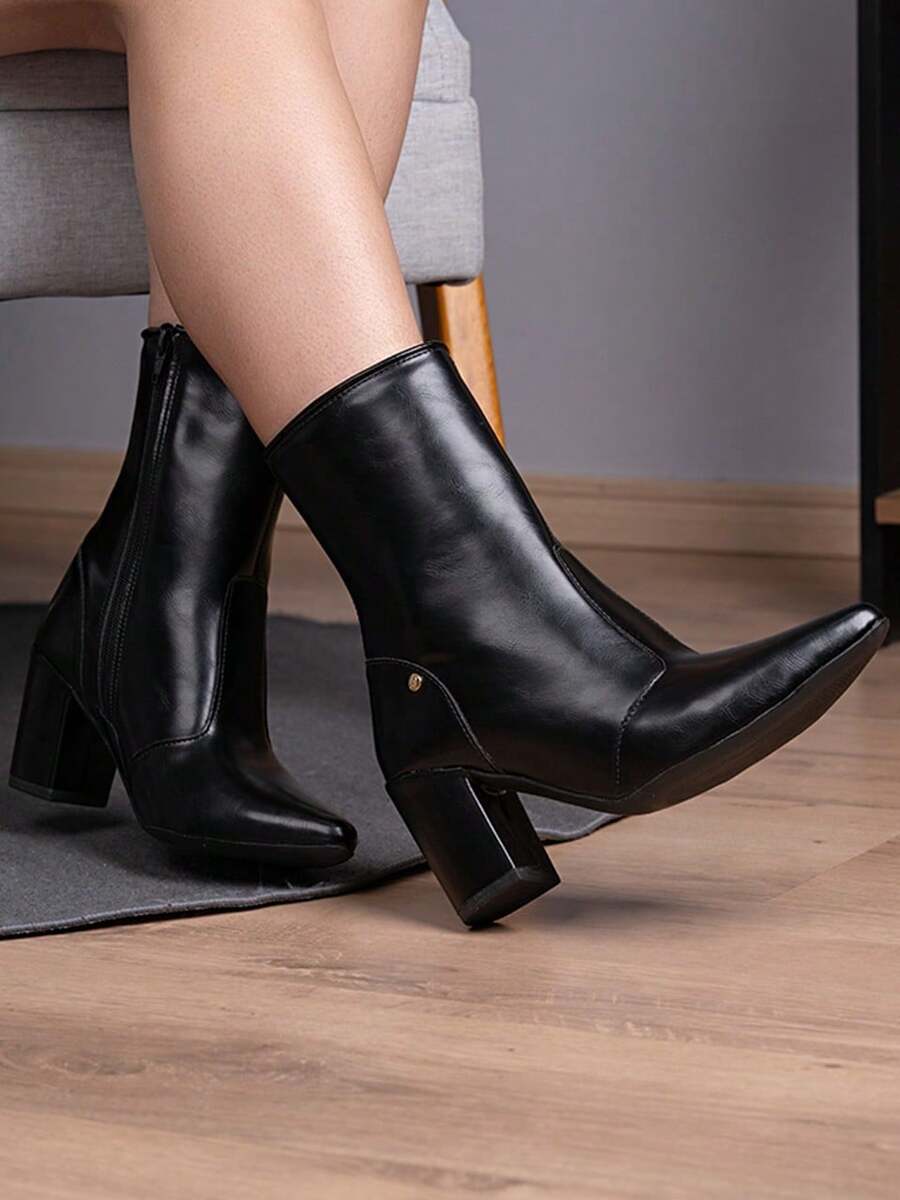 Domidona Women's Short Boot With Block High Heel And Pointed Toe - màu đen - Xem 1