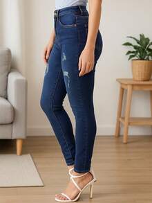 Jeans Tiro Medio para Mujer Skinny Azul Medio con Rasgados Frontales y Corte Moldeador Levanta Glúteos - Azul - Ver 3