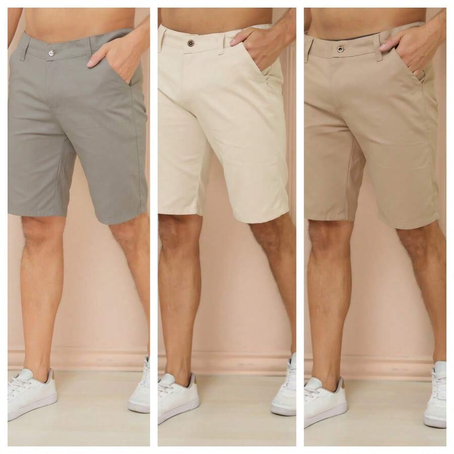 Kit 3 Men's Twill Shorts With Built-In Pocket, Premium Economy - Chumbo+Caqui+Bege - View 1