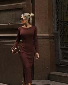 BARE BACK MIDI DRESS, LONG SLEEVE WITHOUT PADS, BUMBUM LIFT DETAIL, FOREIGN FASHION, SLIT - 鏽棕色 - 查看 3