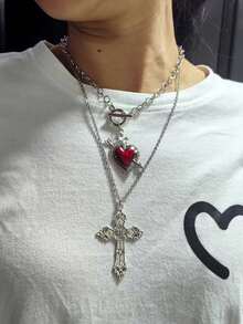 2 件套哥特式 Y2K 风格心形和十字架吊坠项链套装（女士）